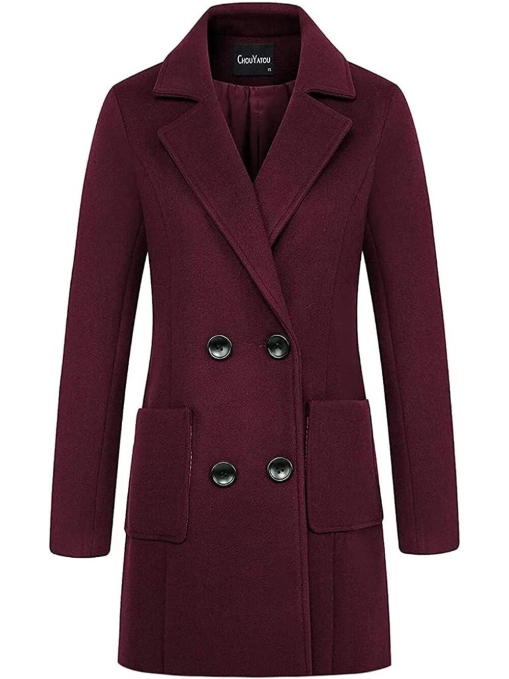 Women's Wine Red Long Sleeve Notched Collar Double Breasted Wool Blend Over Coat - Picture 2 of 3